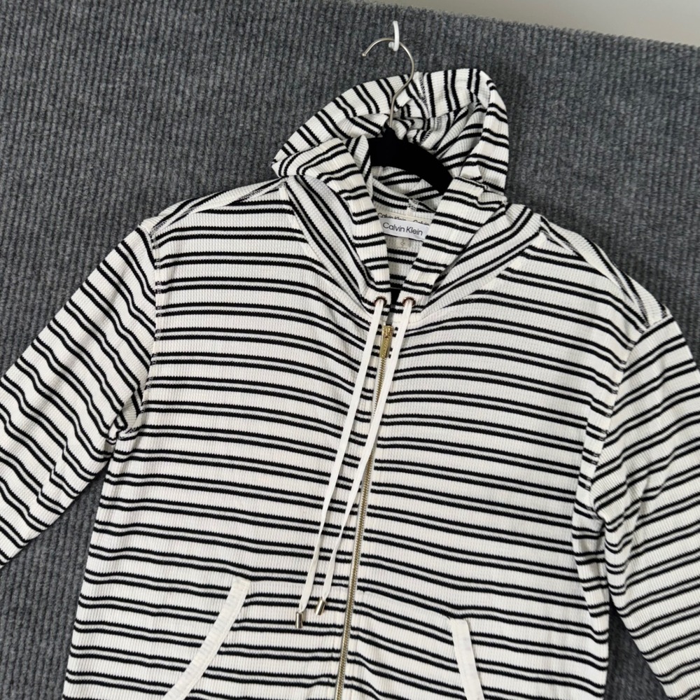Calvin Klein Womens S Hoodie Black White Stripe Zip Up Y2K Minimalist Streetwear